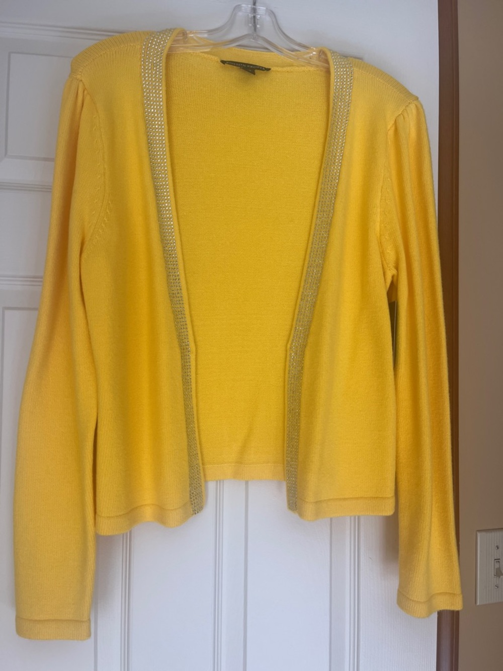 Boston Proper Yellow Open-Front Cardigan with Metallic-Trim